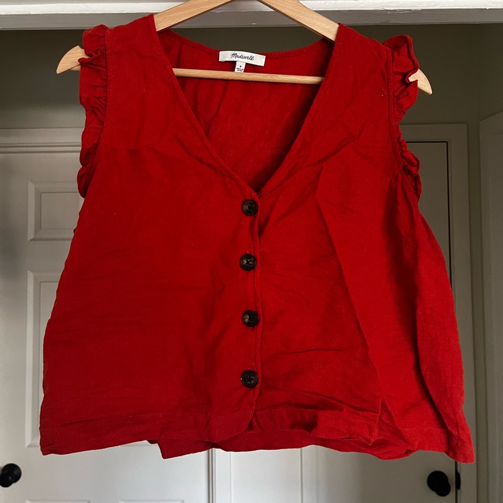 Madewell Linen Button-up Crop Top with Ruffle sleeve